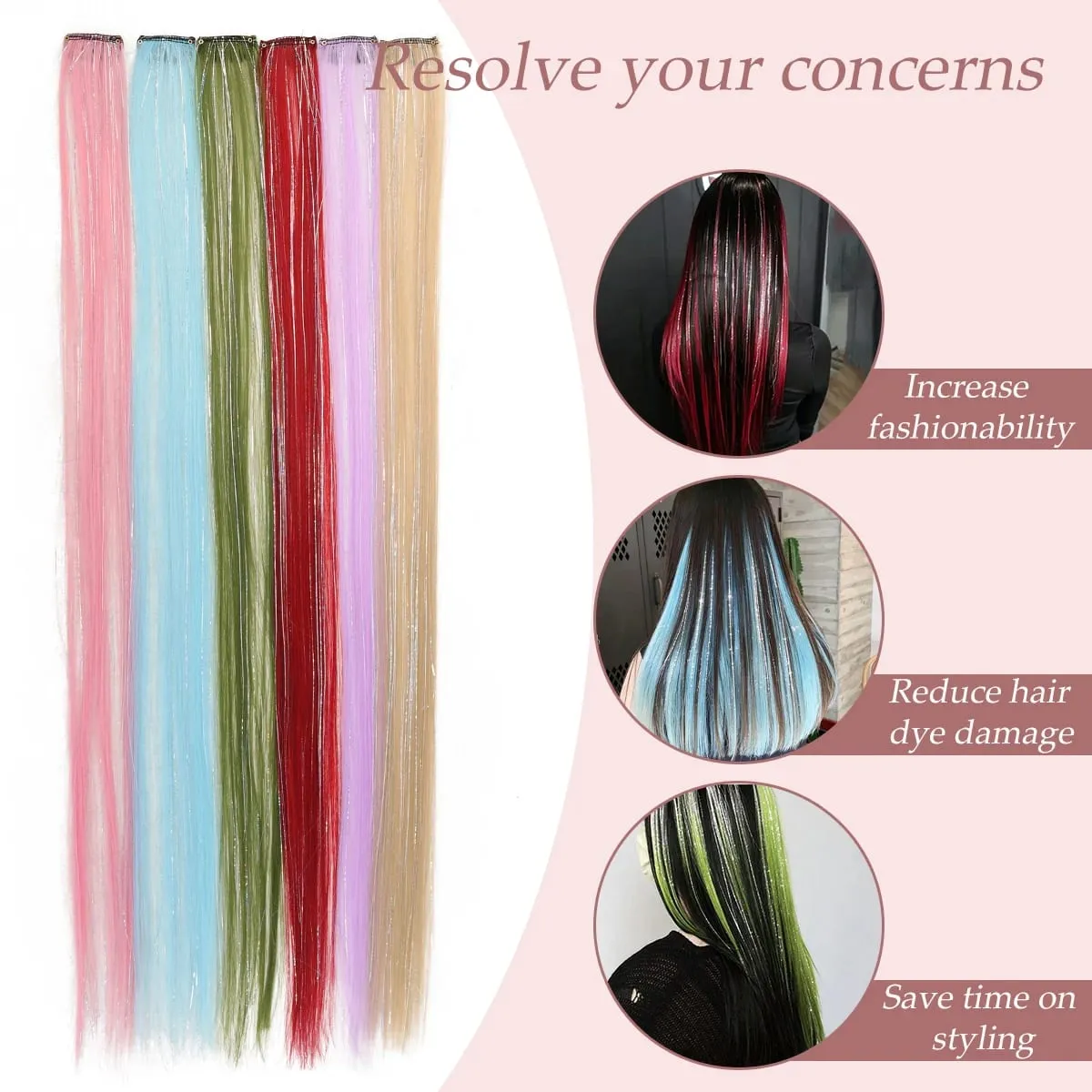 1pcs 24inch Colored Clip in Hair Extension Mahaba Straight Colorful Highlights Mga Piraso ng Buhok Synthetic Rainbow Hairpieces para sa mga babae