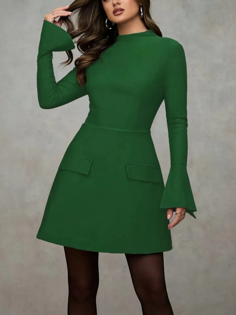 2026 Women Solid Mock Neck Split Flare Long Sleeve Mini Dress Pocket Design A‑Line Elegant Work Party Short Dress