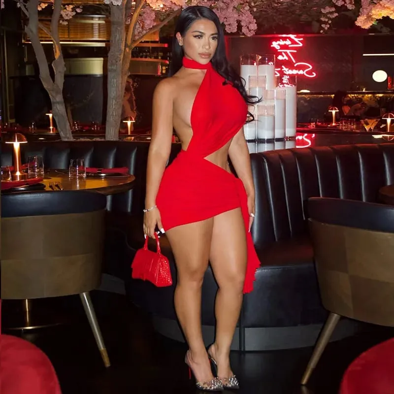 Asymmetrical Tassel Halter Backless Mini Dresses White Red Sexy Club Outfits for Woman Birthday Dinner Dress D17-CC20