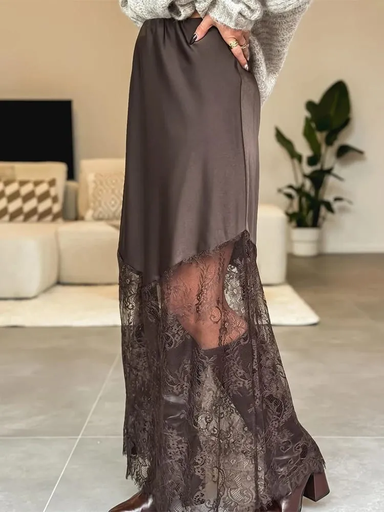 2025 Sexy Patchwork Lace Skirts Women Elegant See-through Long Skirt Casual Lady New Party Summer Evening Street Daily Midiskirt