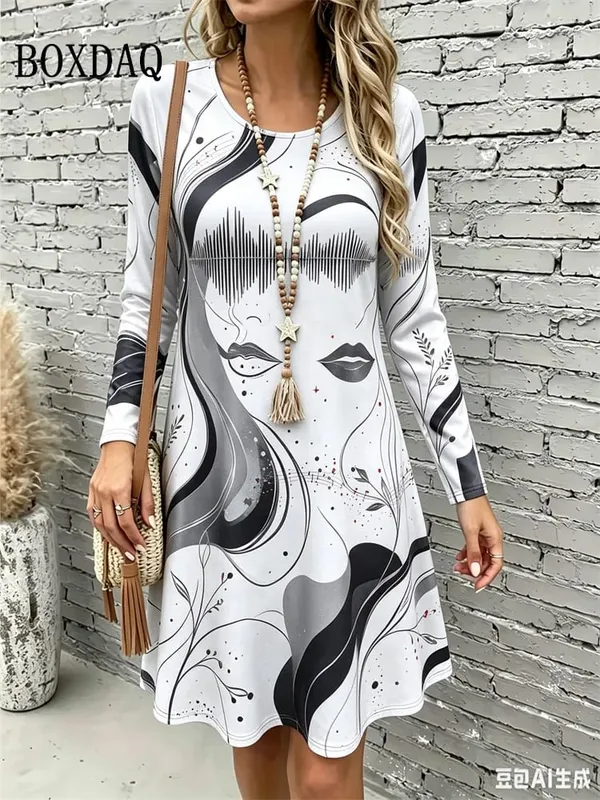 2026 New Women's Dresses Autumn Fashion Streetwear Abstract Painting Floral Print Dress Casual Long Sleeve Loose A-Line Dress
