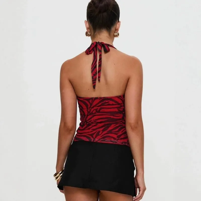 Red Black Stripe Halter Top for Women Sexy Hollow Out Backless Sleeveless Waist Cinched Camisole Summer Vintage Cosplay Costume