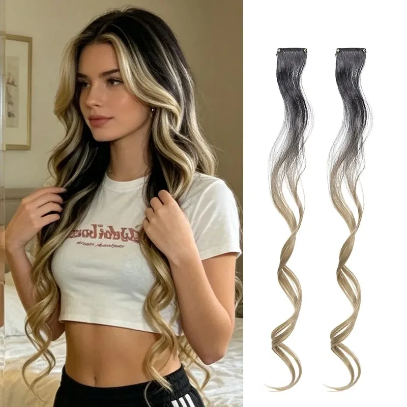 Gradient Wave Clip - in Hair Extensions 2pcs Synthetic Fiber Color - Blocked Tassel Ear - Side Dyeing for Daily Party Cosplay