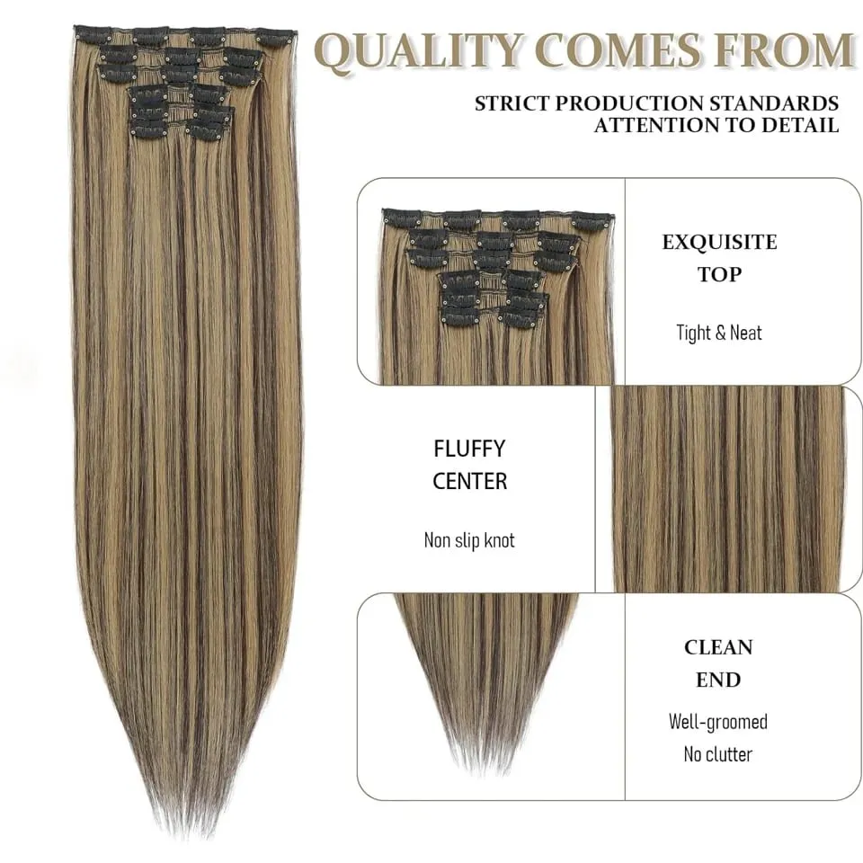 6Pcs/Set Clip In Hair Extension Synthetic Highlights Blonde Long Straight Hairpiece Full Head Thick Hairpieces for Women Girls
