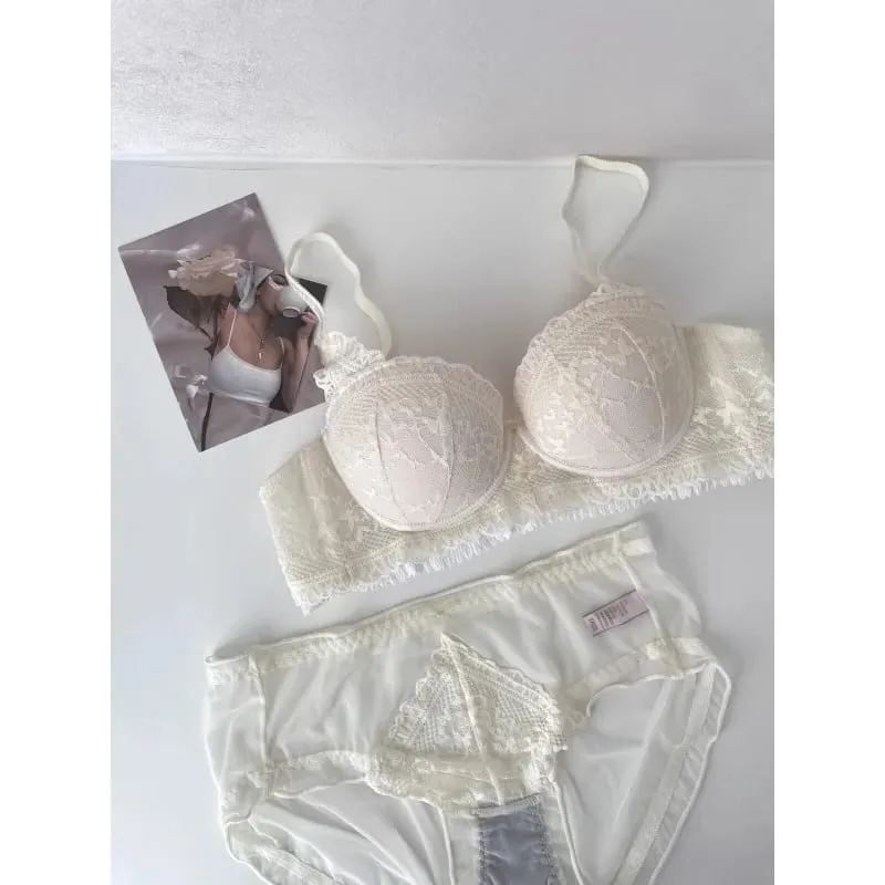 Hot French Pure Lace Lingerie Set Women Wireless Push Up Bra Small Breast Gathered Plus Size Comfort Party Nightwear Hot Trend