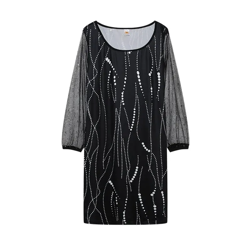 2024 New Spring-style Round Neck Sequins Perspective Gauze Lady Dress