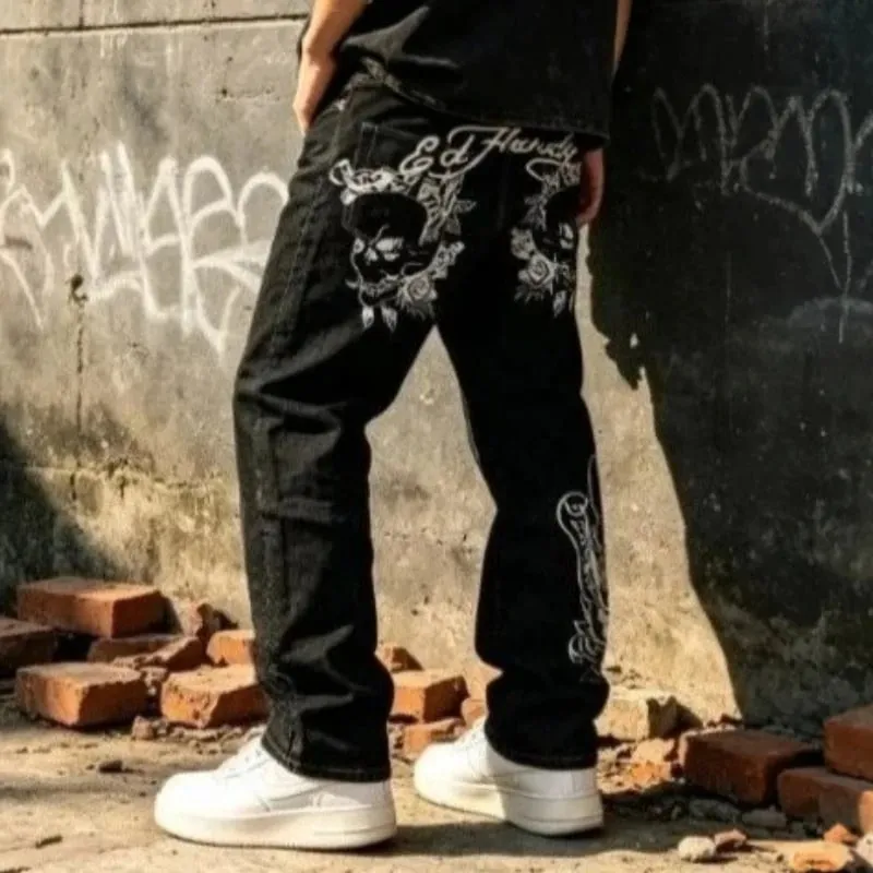 New Y2K Gothic Skull Embroidery Jeans Men High Street HipHop Punk Harajuku Loose Denim Pants Streetwear Straight Trousers Unisex