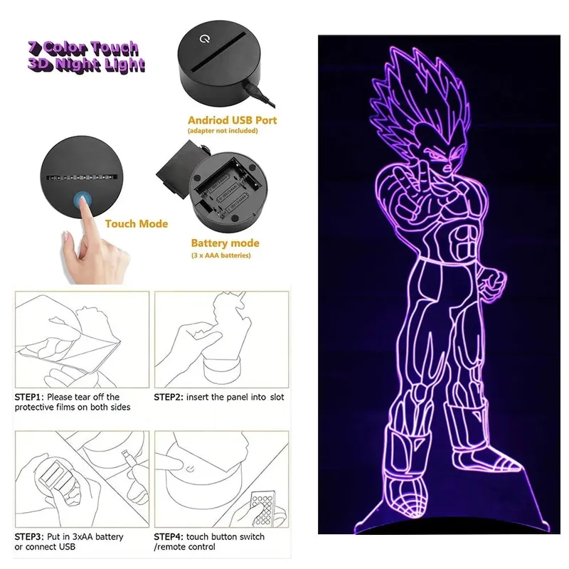 Dragon Ball Z Anime Figures Goku Vegeta Gohan Broly 3D Lamp PVC Action Figures Toys for Children Trunks Buu Super Saiyan Gifts