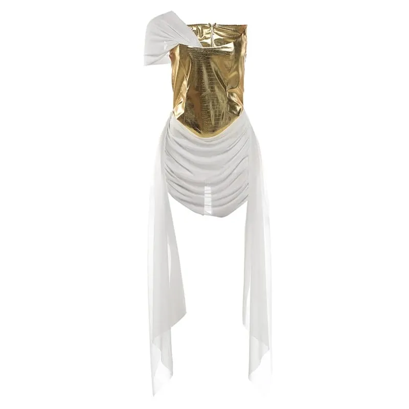Strano gatto patchwork corsetto abito da donna cerniera irregolare nappa nastro a rete monospalla compleanno elasticizzato clubwear mini aderente