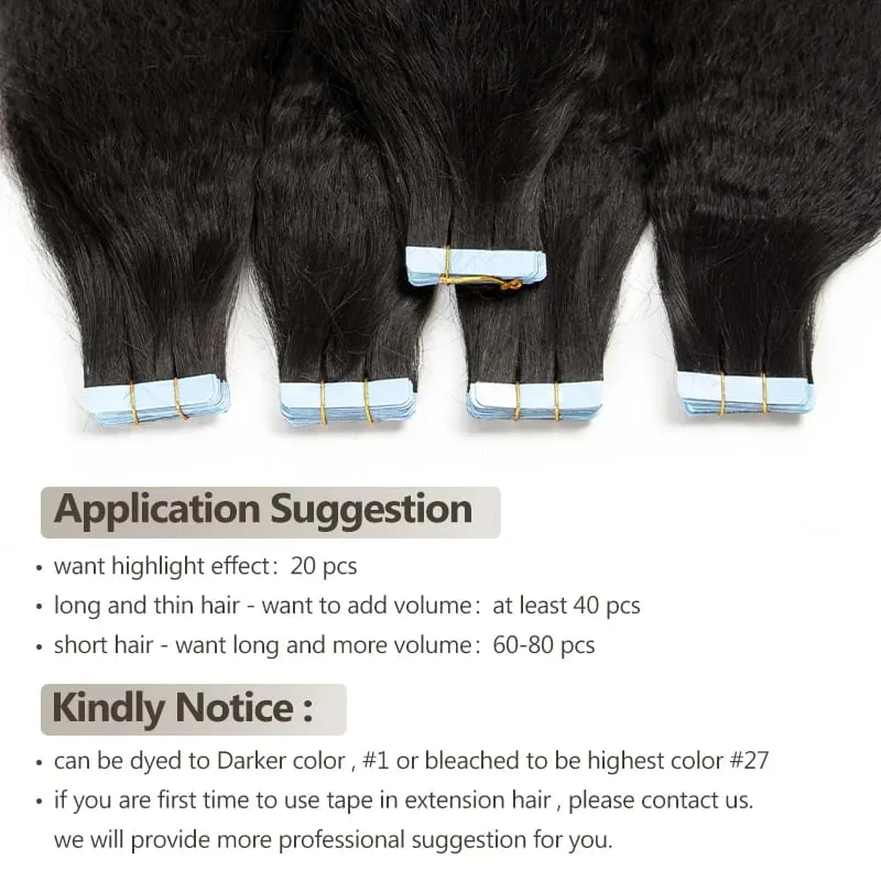 Human Hair Kinky Straight Tape in Extensions Remy Cuticle Yaki Tape in Hair Extensions 12-26 inch 20pcs Pack