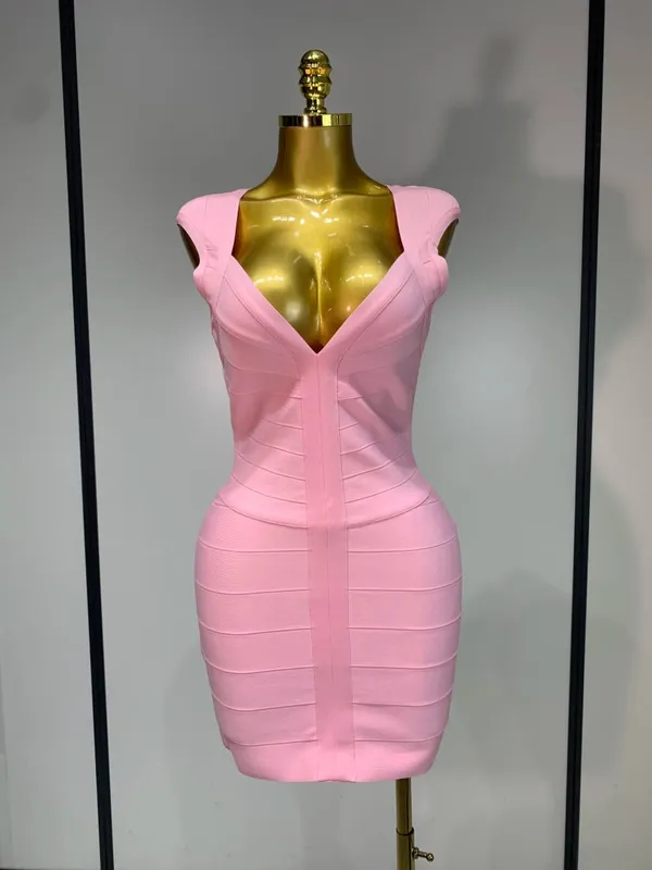Women Sexy Sleeveless Deep V-neck Bodycon Mini Bandage Dresses Elegant Evening Party Luxury Birthday Club Prom Gown