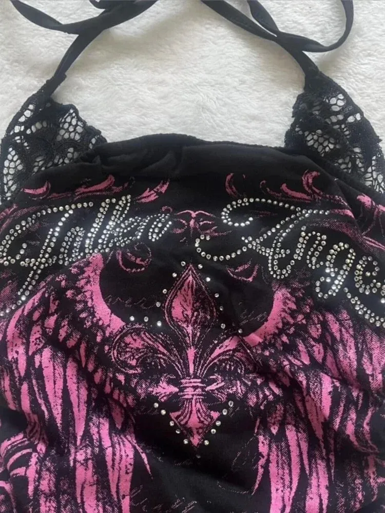 American Vintage Y2K Halter Crop Top Women Sleeveless Vest Punk Printed Casual Subculture Summer Slim Street Tank Tops