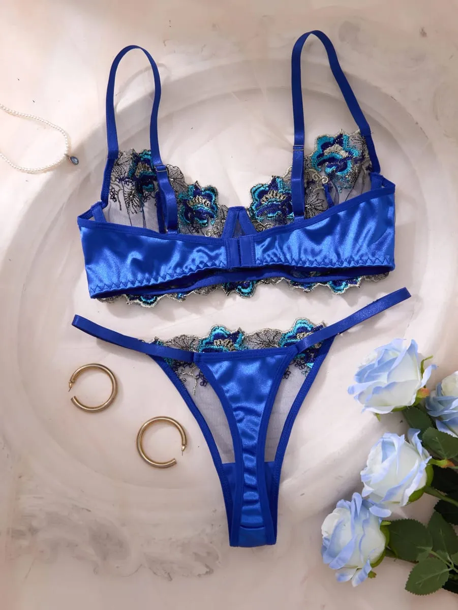 Royal Blue Floral Embroidery Satin Mesh Lingerie Set Underwire Bra With Matching Thong Women Sexy Intimates ZA825146