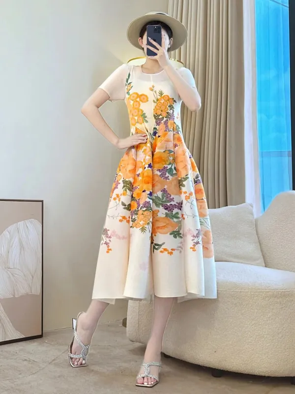 Miyake Pleated Printed Dresses European American Fashion Simple Elegant Short Sleeve Lightweight Women's Bounce Flower Bud Dress