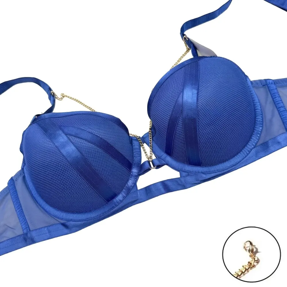 Set reggiseno con ferretto in rete con catena in metallo da donna sexy scava fuori 2 pezzi lingerie reggiseno push up e slip