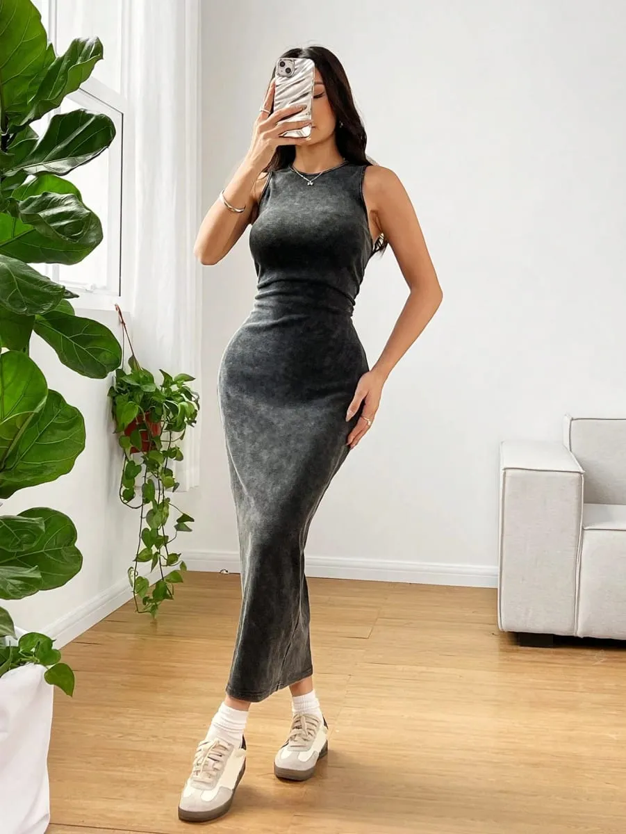 Women's Summer Round Neck Pleated Bodycon Casual Cami Dress Holiday Outfits Summer Dresses for Women