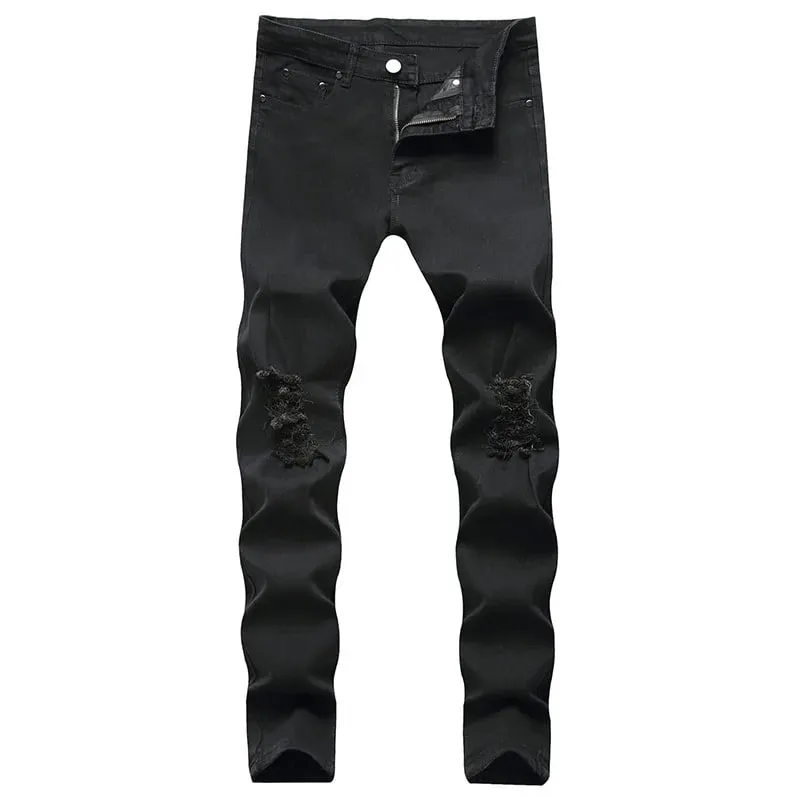 Skinny Co Giãn Quần Jeans Rách Nam Đau Khổ Kpop Slim Fit Quần Denim Mỹ Phong Cách Đường Phố Rock Hip Hop Trắng Quần Tây Đen