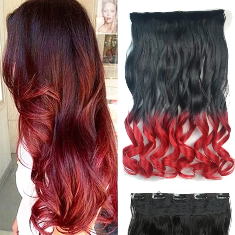 24-calowe Ombre Dip Dye Długie kręcone doczepiane włosy Dwukolorowe grube syntetyczne treski na całą głowę (od czarnego do ciemnoczerwonego)