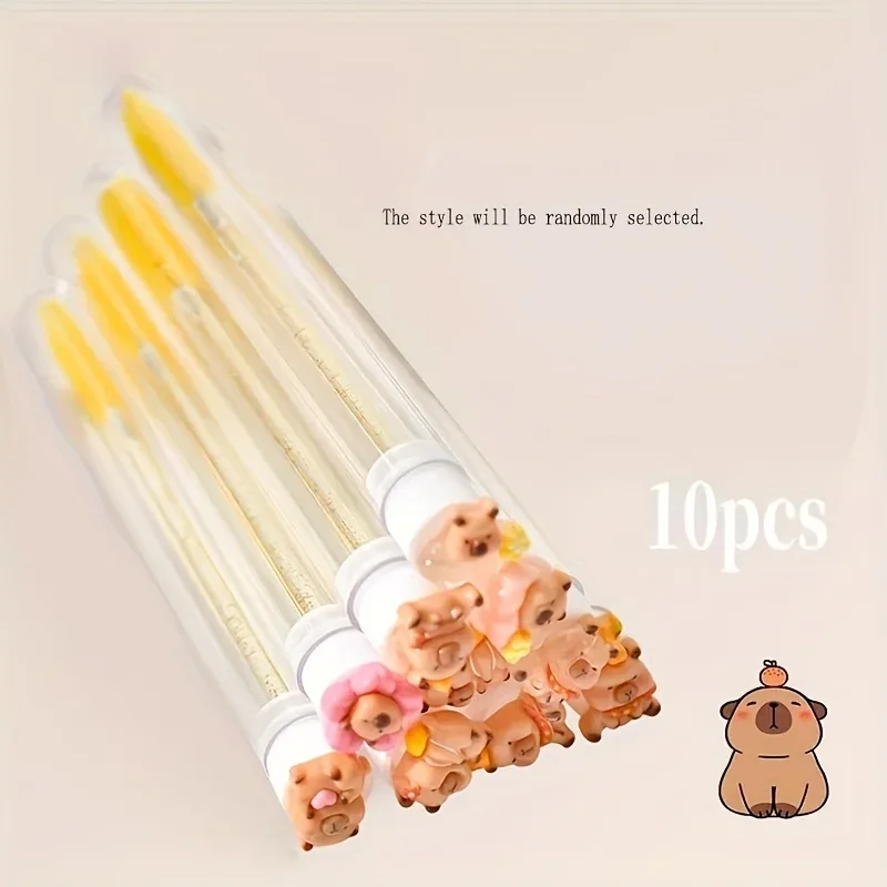 10 chiếc mỗi gói Bàn chải nối mi-Thiết kế Kapibara dễ thương Hình bầu dục-Đầu lông nylon có thể tái sử dụng với Tay cầm bằng nhựa ABS
