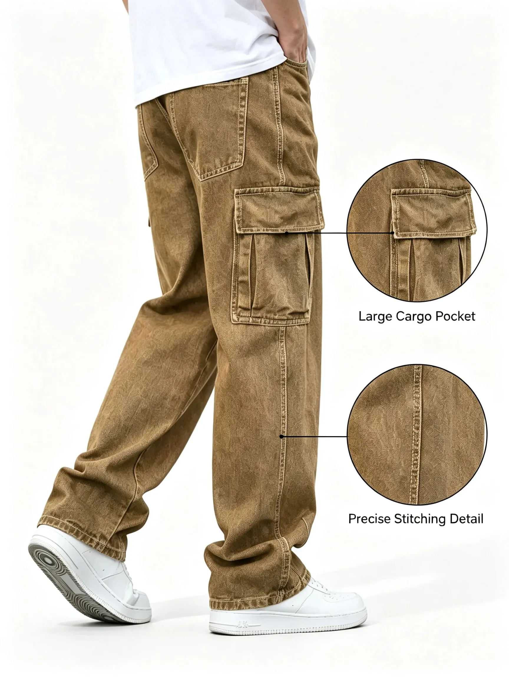 Men Baggy Cargo Jeans Retro Army Style Loose Fit Multi‑Pocket Denim Trousers Men's Casual Daily Outdoor Street Work Pants