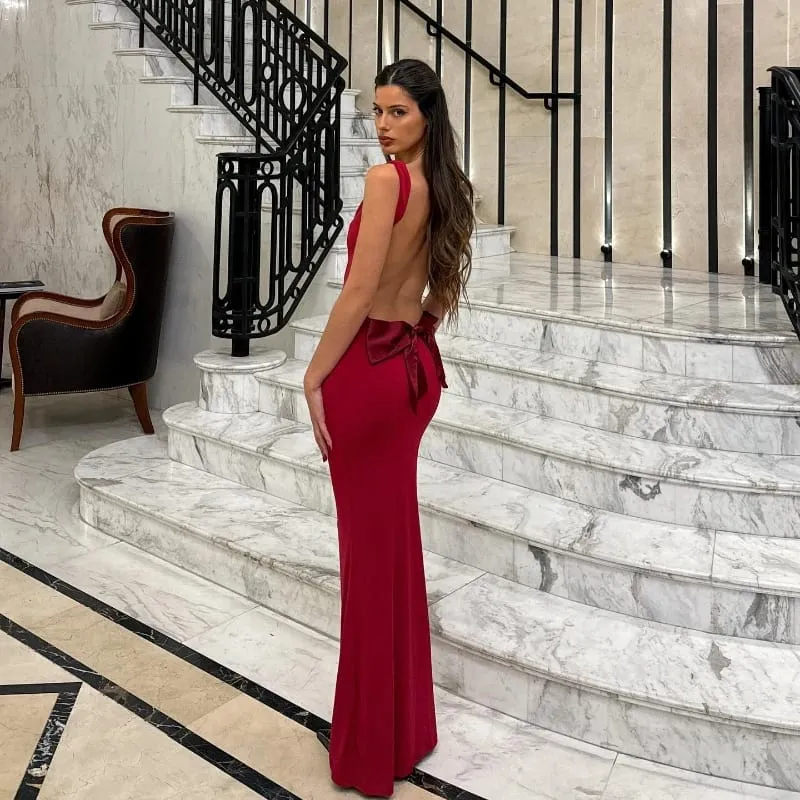 Suninheart Women's Sleeveless Evening Dress Sexy Big Bow Backless Gala Dress Red Maxi Wedding Guest Party Dresses