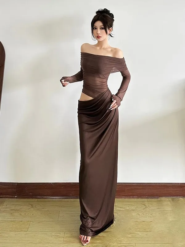 Nibber-vestido Sexy para mujer, primavera 2025, malla de retales, elegante, cuello oblicuo, corte fruncido, elegante, fiesta de cumpleaños, vacaciones, Festival