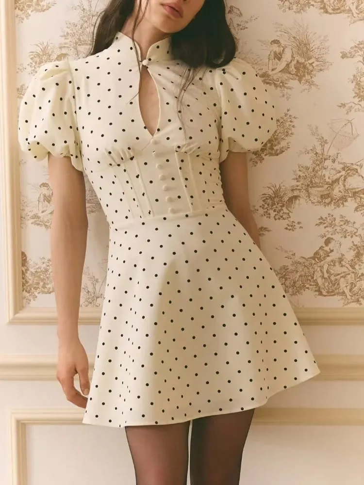 Women Retro Polka Dot Mini A-line Dress Elegant Stand Collar Puff Short Sleeve Waist-cinching Dresses Lady Party Robe 2026 New