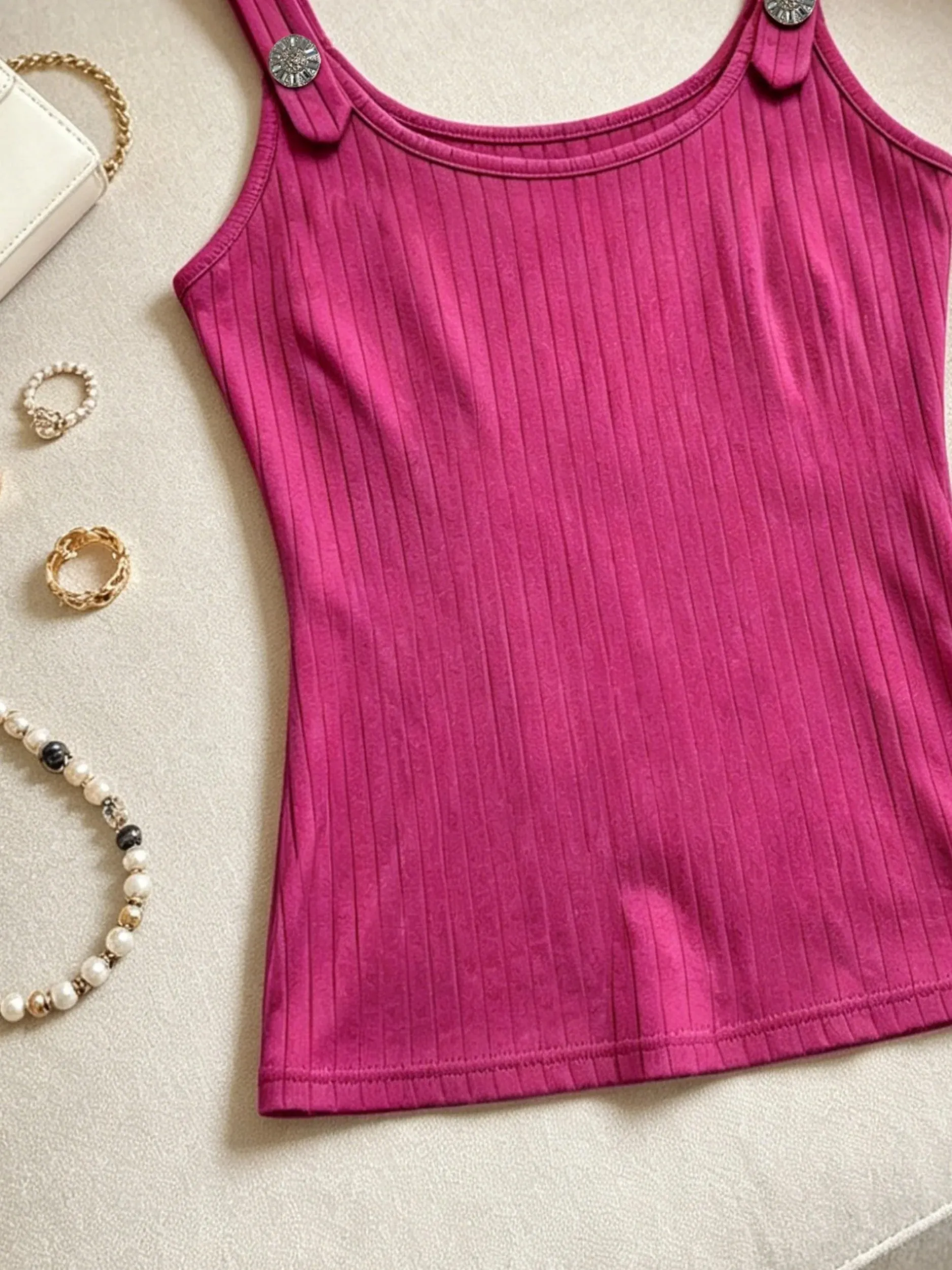Women Pink Ribbed Tank Top Casual Metal Button Detail U Neck Form Fitting Sleeveless Cami Top