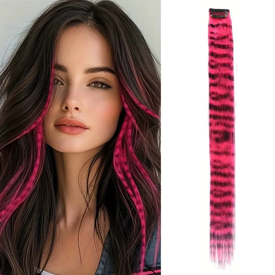 Long Straight Colorful Striped Feather Hairpieces Synthetic Y2K Green Orange Clip in Leopard Print Hair Piece Cosplay Party — image 18