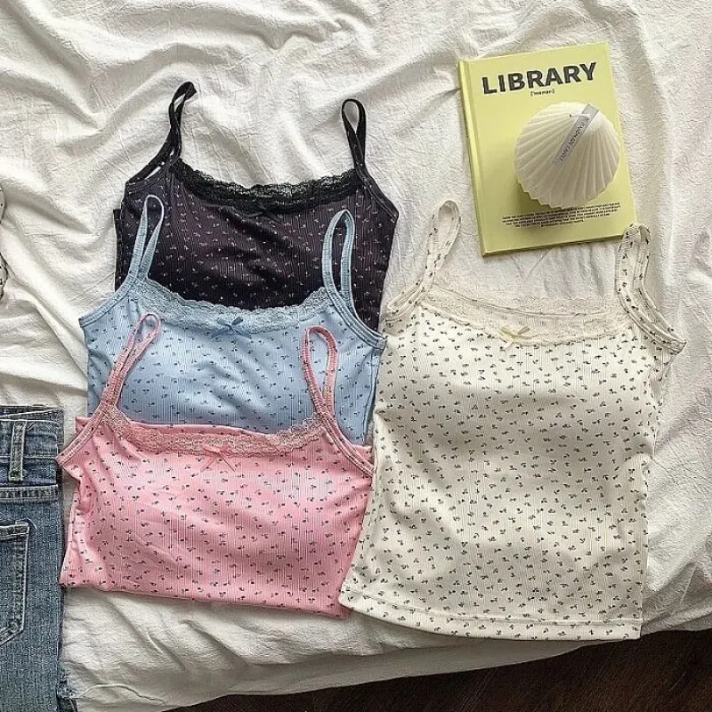 Elegant Lace Flower Print Slim Sexy Vest Floral Tops One Size Tank Spring Sweet Bowknot Style T-Shirt Casual Crop Top Summer