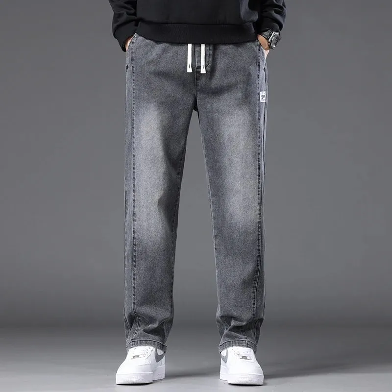 Autumn Winter Blue Jeans Men Drawstring Elastic Waist Cotton Cargo Denim Pants Work Fashion Thick Trousers Male Plus Size M-4XL