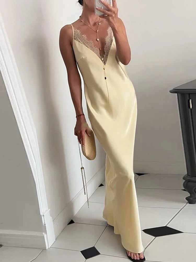 Elegant Lace Satin Summer Women's Dress Yellow V Neck Sleeveless Waist Cinching Strap Casual Dresses New Party Evening Robe 2026