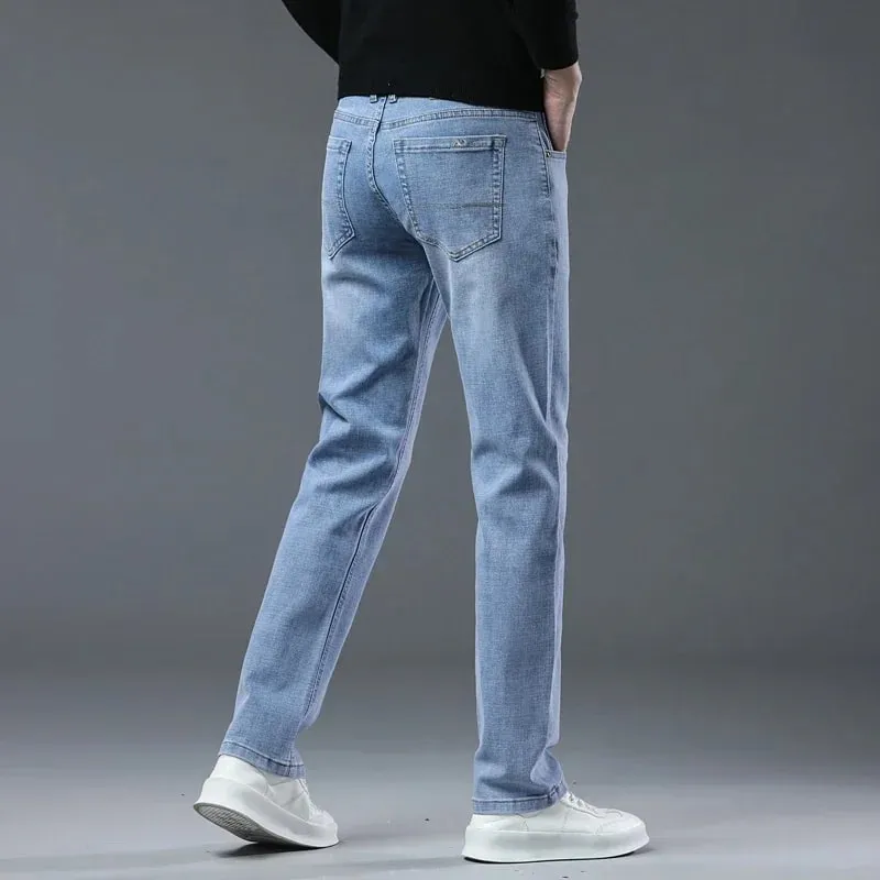 Spring Fashion Men's Light Blue Slim Jeans Stylish Business Casual Stretch Fabric Denim Pants Classic All Match Trousers