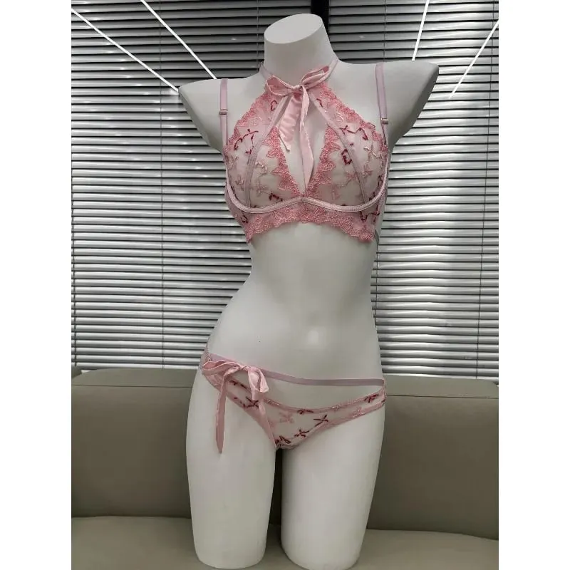 Women's Embroidered Ribbon Bow Bralette & Panty Set Butterfly Mambo Pure Desire Wireless Comfort Bra for Daily Wear MOYISU Sexy