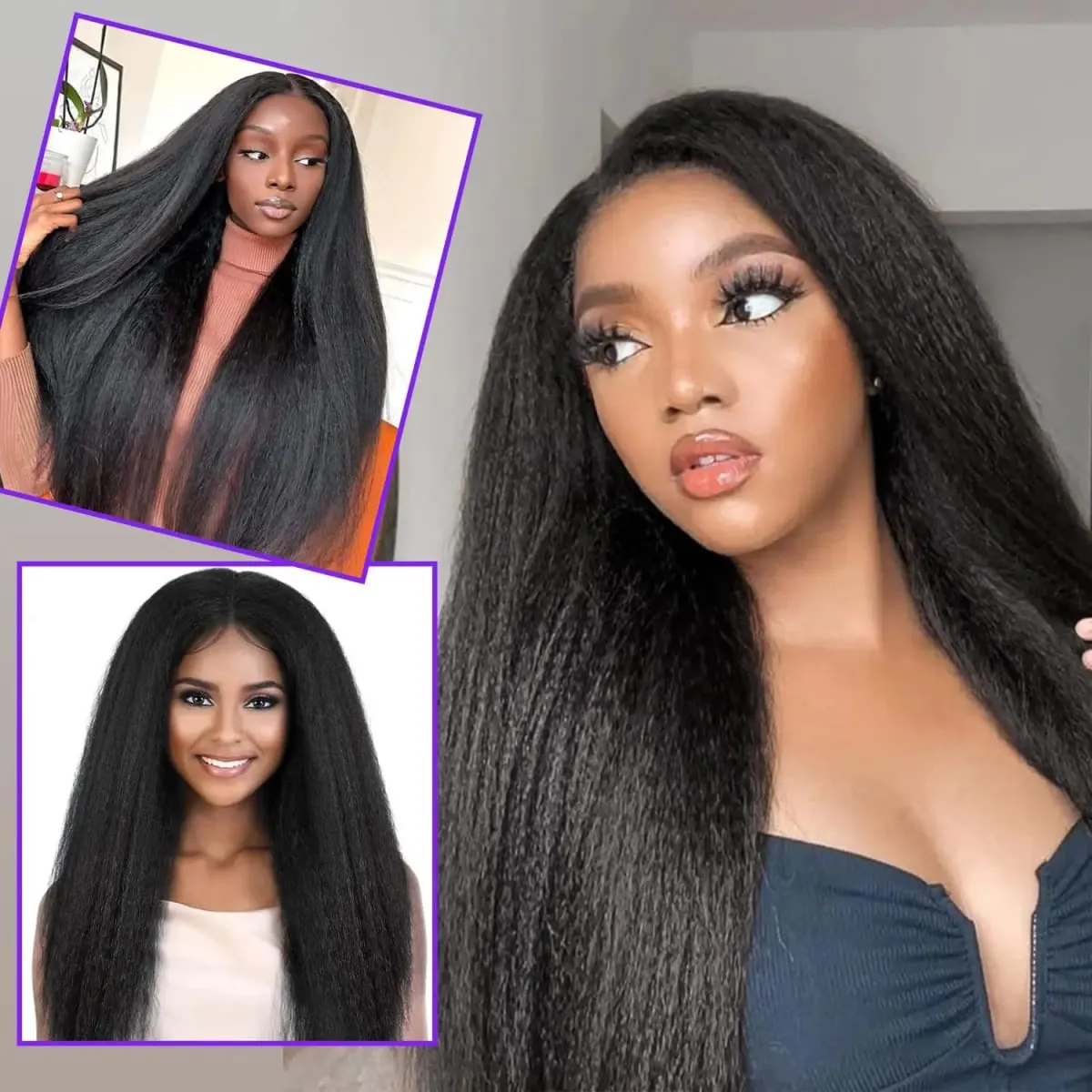 Synthetic Kinky Straight Clip in Hair Extensions 7pcs 16Clips Yaki Straight Clip Ins 22Inch/55cm Full Head Hair Extensions