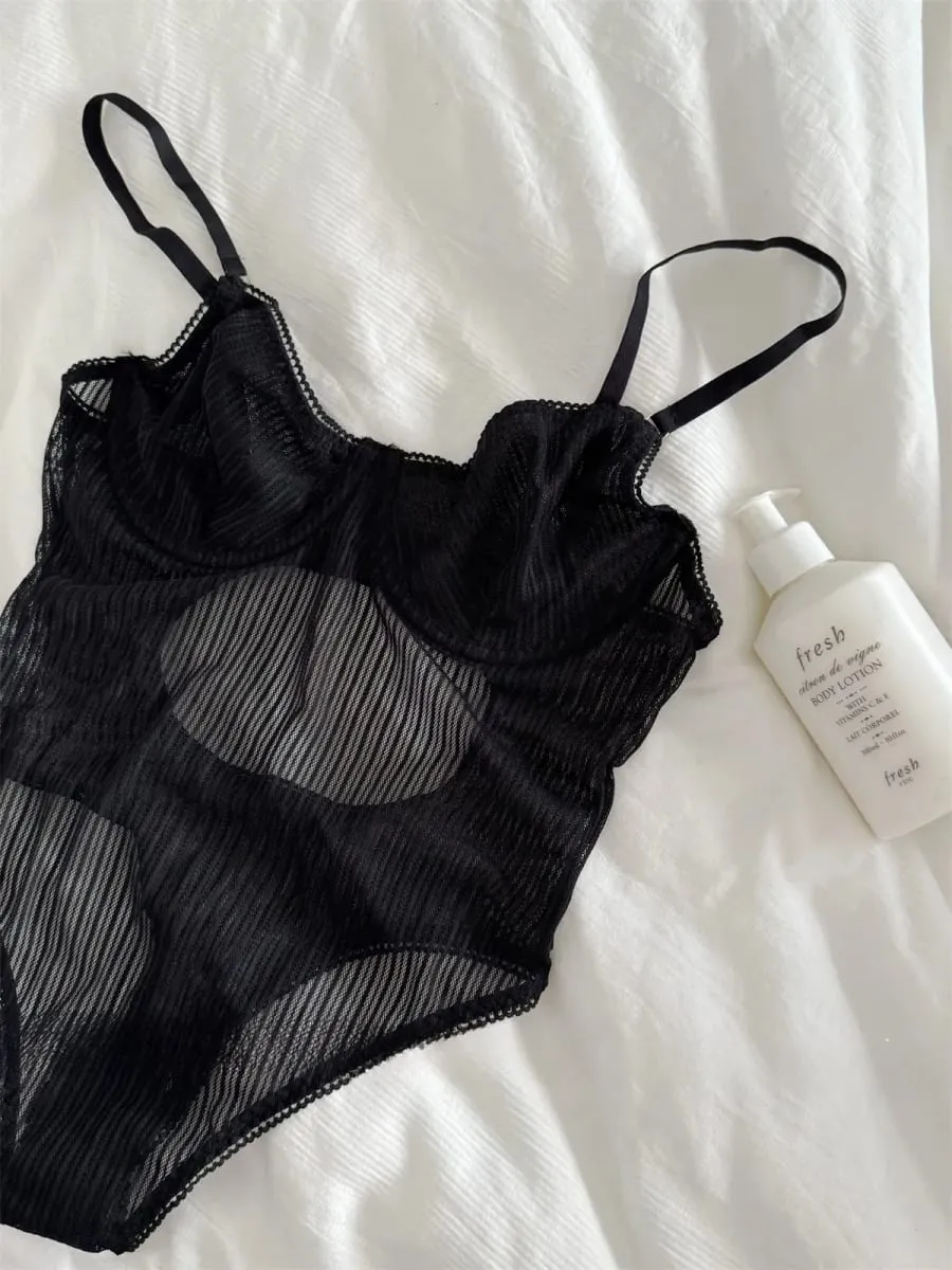 Mesh Halter Neck Bodysuit for Women Sexy Black Lace Lingerie Set Breathable Underwear Bra