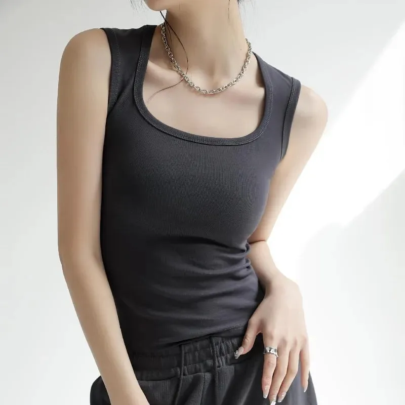 Women's Solid Color Wide Strap U-Neck Sleeveless Tank Top Summer Slim Fit Casual Basic Inner Wear Streetwear Vest