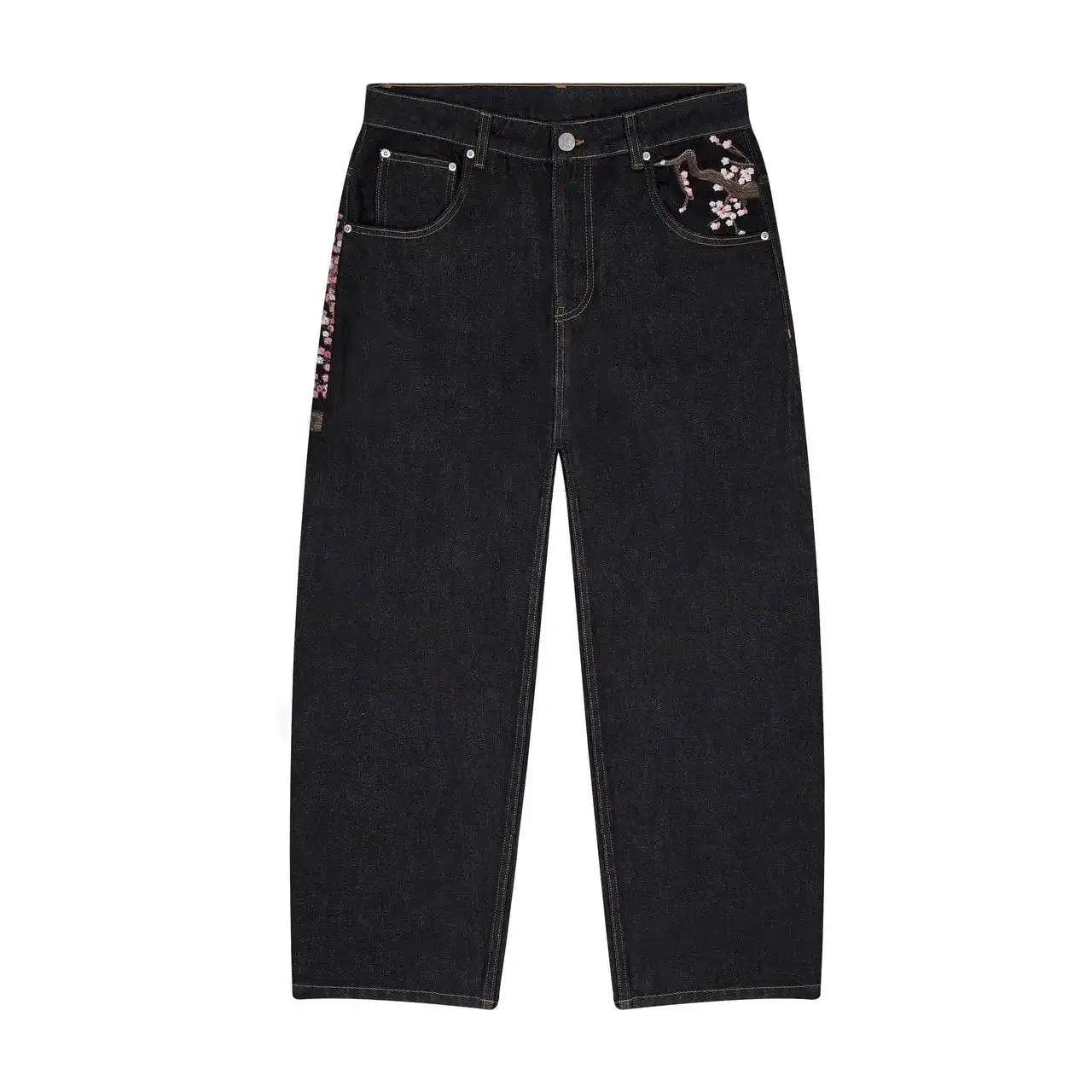 Y2K Baggy Jeans Cherry Blossom výšivka Džínové kalhoty Muži Ženy American Hiphop Streetwear Široká noha džínové kalhoty