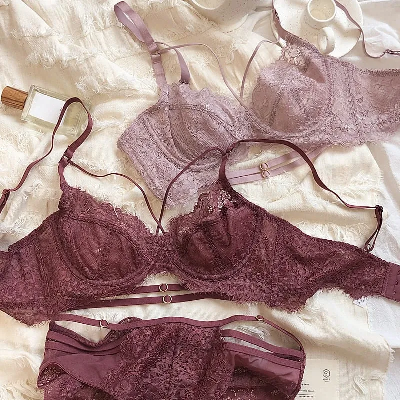 2 Pieces Sexy Hollow Push Up Bra Set French Lace Embroidery Underwear para sa mga Babae Summer Ultra Manipis Breathable Intimates Lingerie