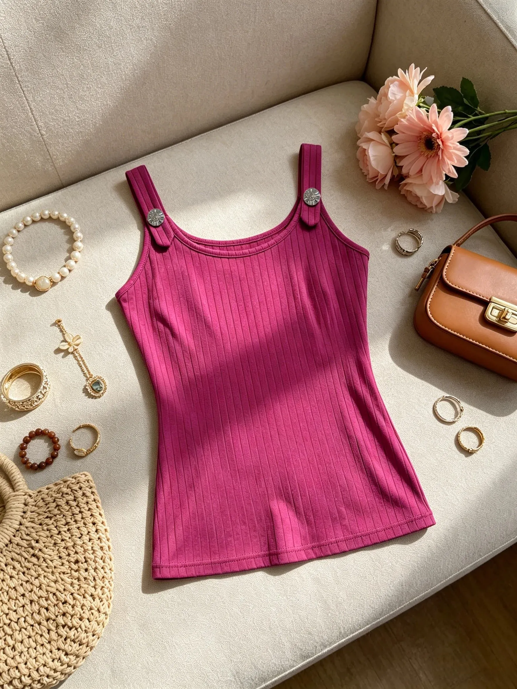 Women Pink Ribbed Tank Top Casual Metal Button Detail U Neck Form Fitting Sleeveless Cami Top