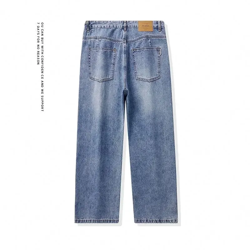 High Streets Spring Summer Men's Jeans American Retro Baggy Wide Leg Denim Pants Loose Solid Cotton Jeans Male Trendy Trousers