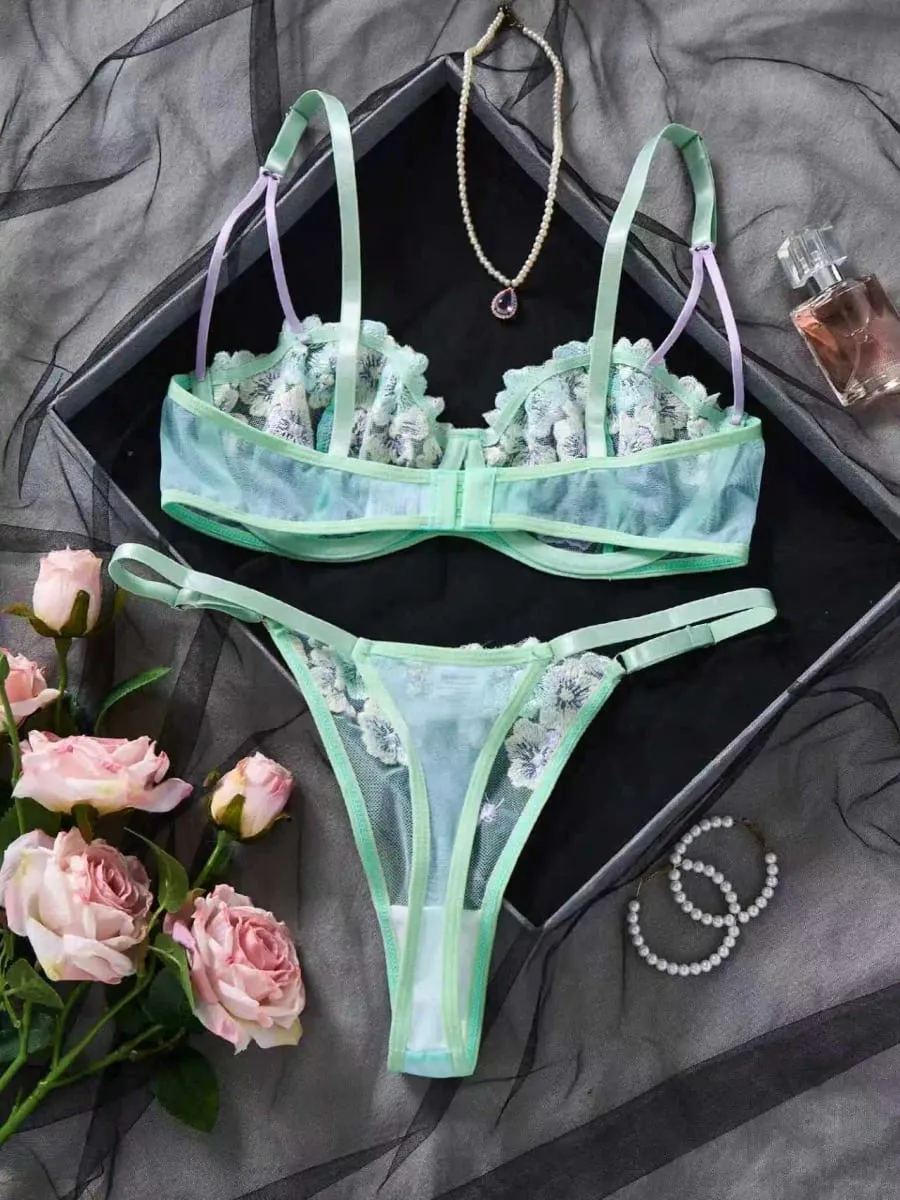 Sheer Mesh Floral Embroidery Lingerie Set Women Underwire Bra And Thong Set Color Contrast Sexy Lace Intimate Lingerie