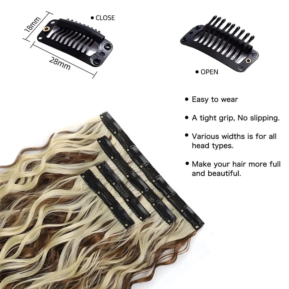 4Pcs Curly Clip in Hair Extension Synthetic Hair Mixed Color Silky Soft Natural Look Invisible Lace Weft Hairpieces for Women