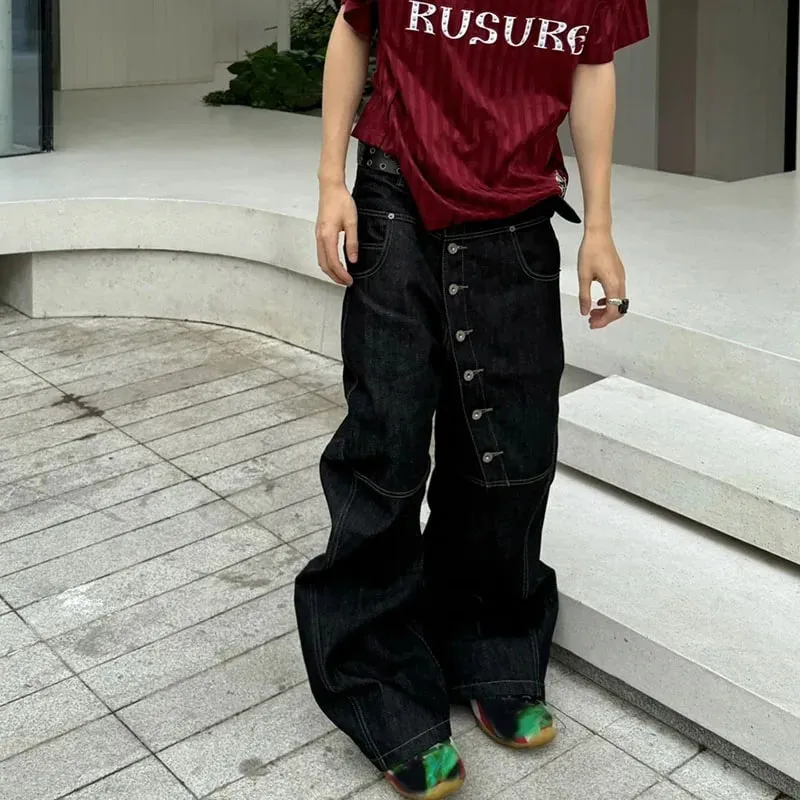 Korean High Street Buckle Curved Jeans Autumn Men'S Loose Straight Leg Pants Black Wide Leg Pants Casual Pants Hip-Hop Pants