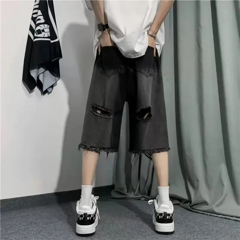 Men's Jeans Ripped Denim Man Pants Cropped Pants Casual Summer Vintage Streetwear Wide Leg Stylish