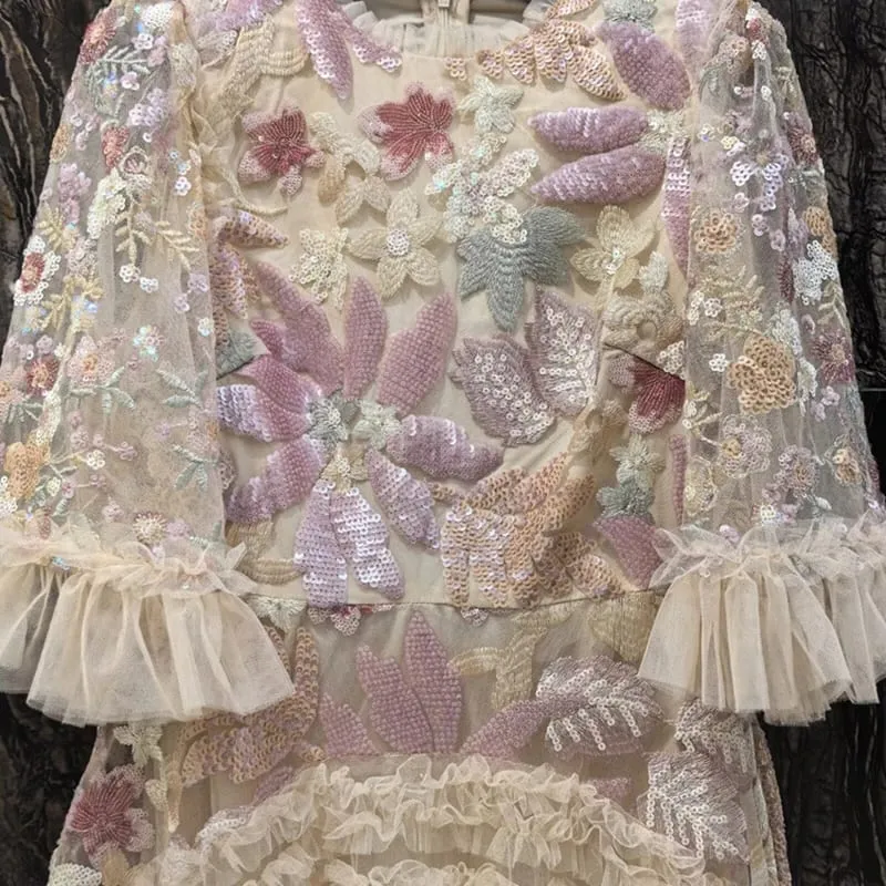 Mode Rosa Broderade Paljetter Klänning Damer Rund Hals Volanger Halva ärmar Ankellånga Klänningar Ny 3A132