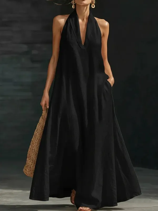 Women's Casual Dresses Sexy Solid V Neck Pocket A-Line Long Dress Spring Summer Sleeveless Loose Beach Vacation Maxi Mujer Dress