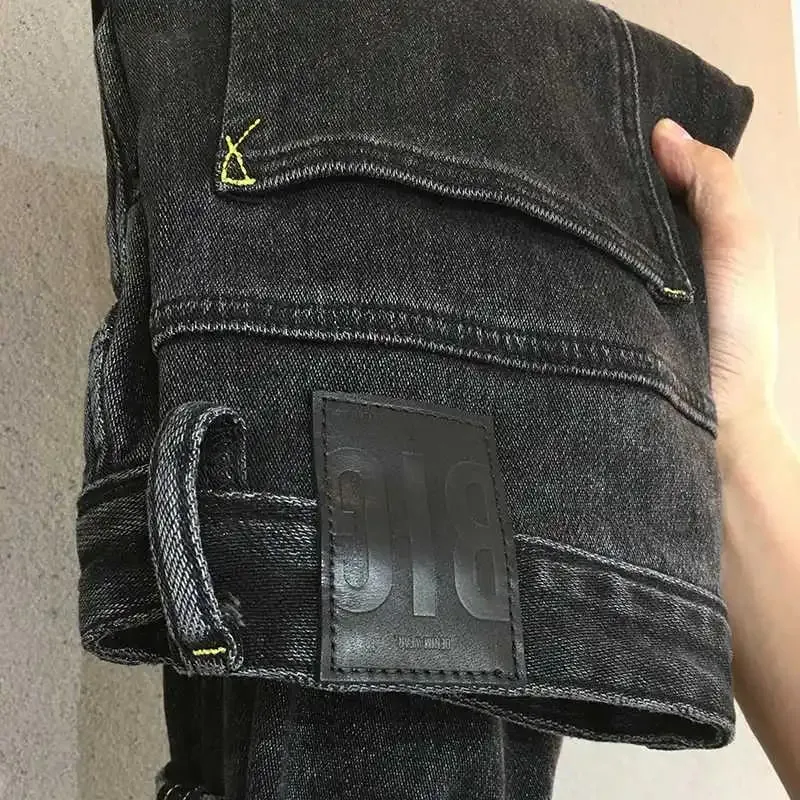 Embroidery Slant Pocket Jeans Men's Trendy Brand Embroidery Slim-fit Elastic Small Straight Blue Fashion Casual Trousers Men