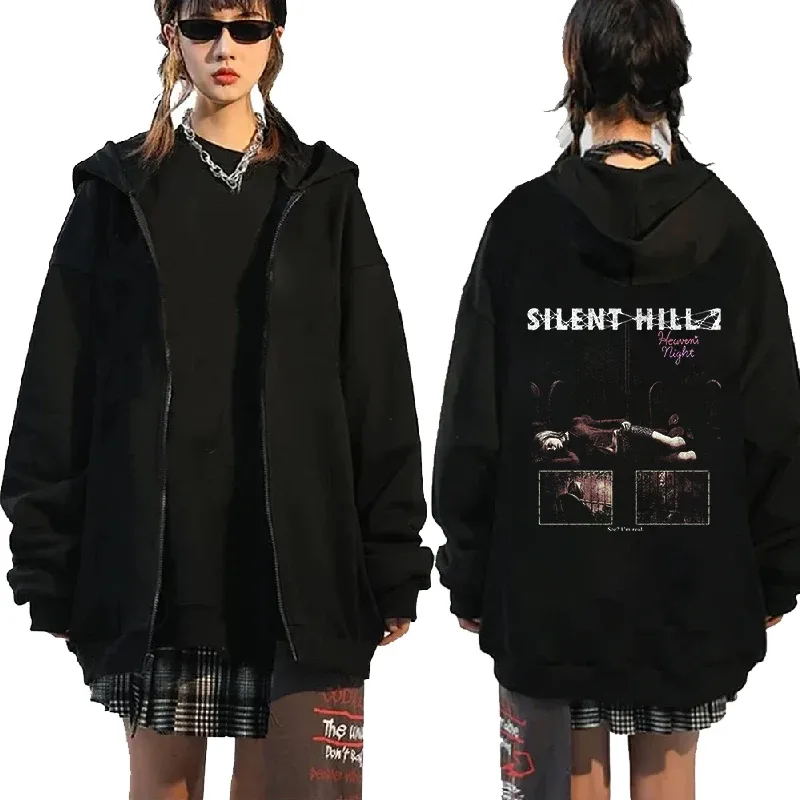 Anime Silent Hill 2 Pattern Print Graphic Zipper Hoodies Oversized Jacket Coat Sweatshirt Long Sleeves Cotton Men Women Clothing