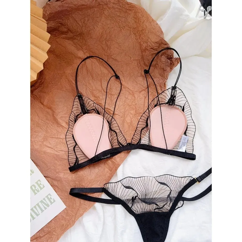 Premium French Triangle Cup Lace Wireless Bra Set Ultra Thin Thin Strap Soft Sexy Backless Lingerie 32‑38 A-B CUP Set